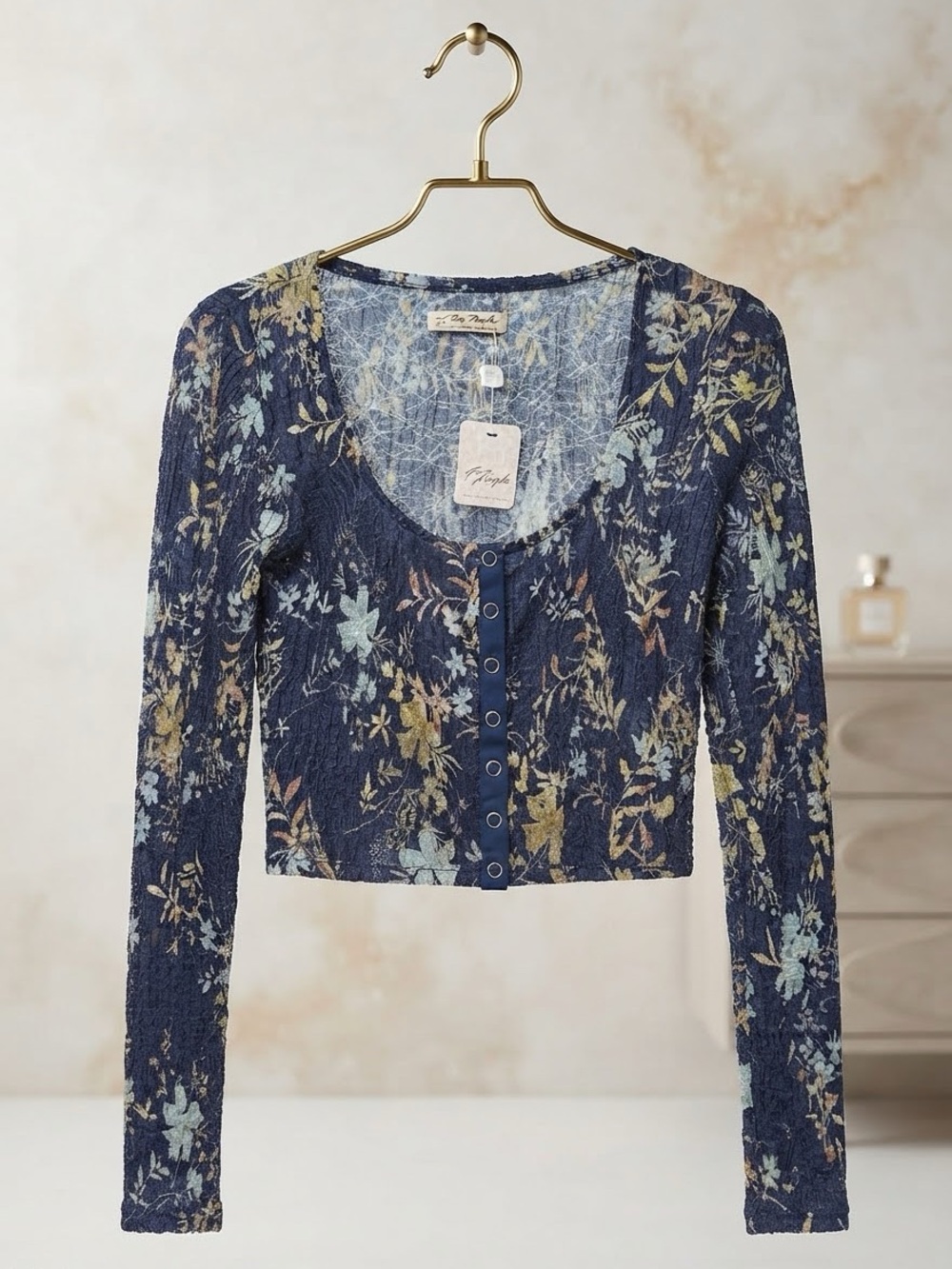 We The Free Navy Floral Button-Front Lace Crop Top